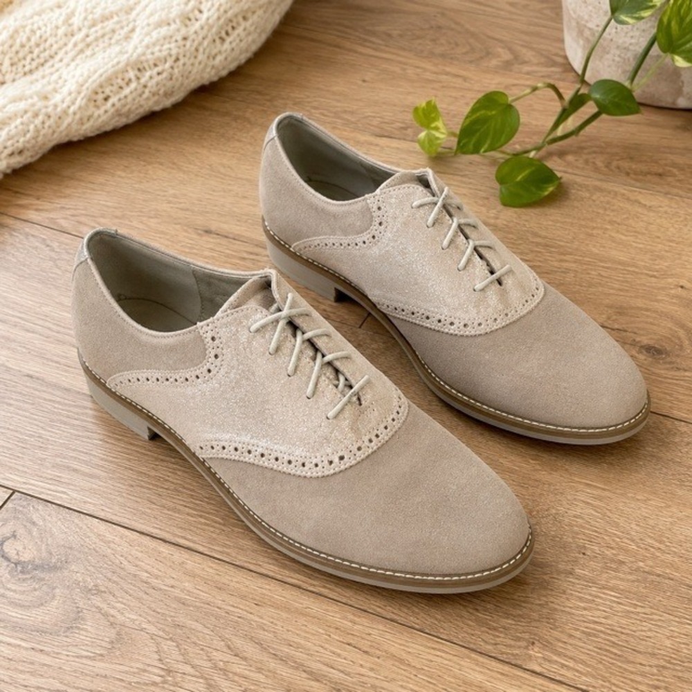 G.H. Bass & Co Womens 7M Beige Suede Saddle‎ Oxford Brogue Lace Up Shoes